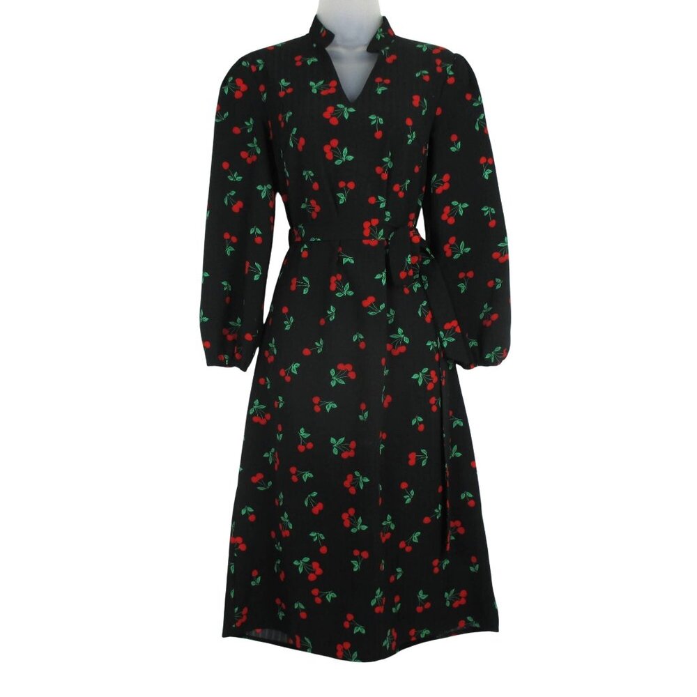 Unbranded Dress Belted Black with Cherry Pattern Long Sleeve XS Whimsical Retro